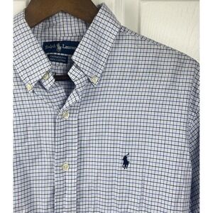 Ralph Lauren Shirt Mens 15.5 Large Blue White Plaid‎ Yarmouth Classic Fit Cotton